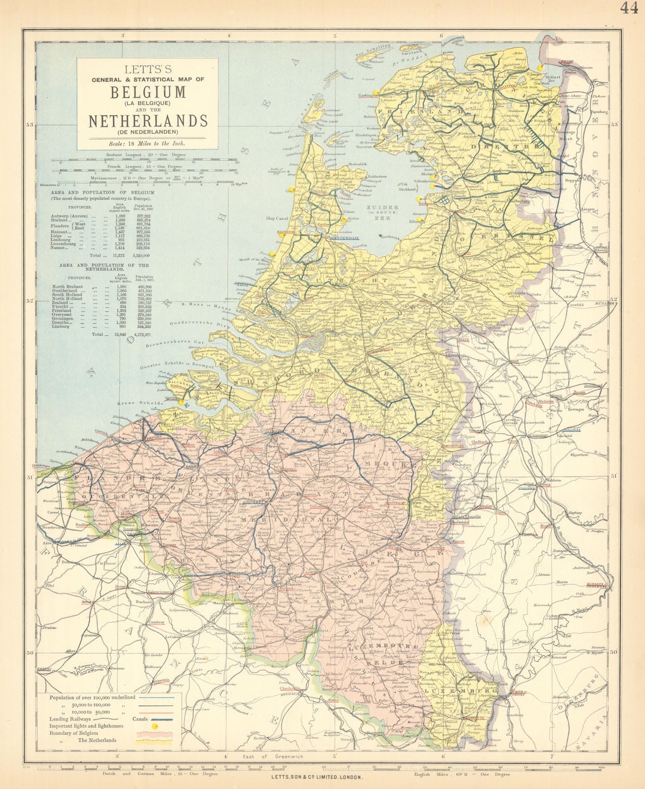 BENELUX. Netherland Belgium & Luxembourg. Lighthouses canals. LETTS 1892 map